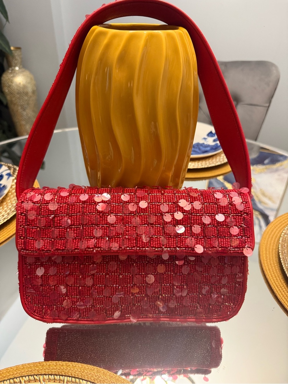 STAUD Red Sequin Shoulder Bag